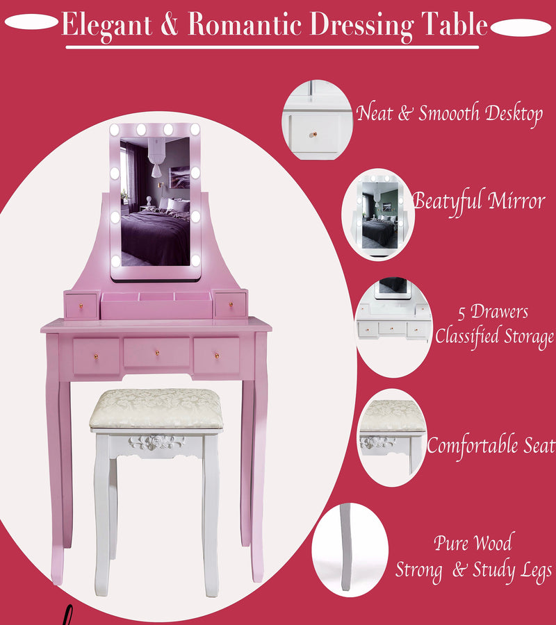 Pink Dressing Table LED lights Vanity Table With Mirror Stool Bedroom Furniture