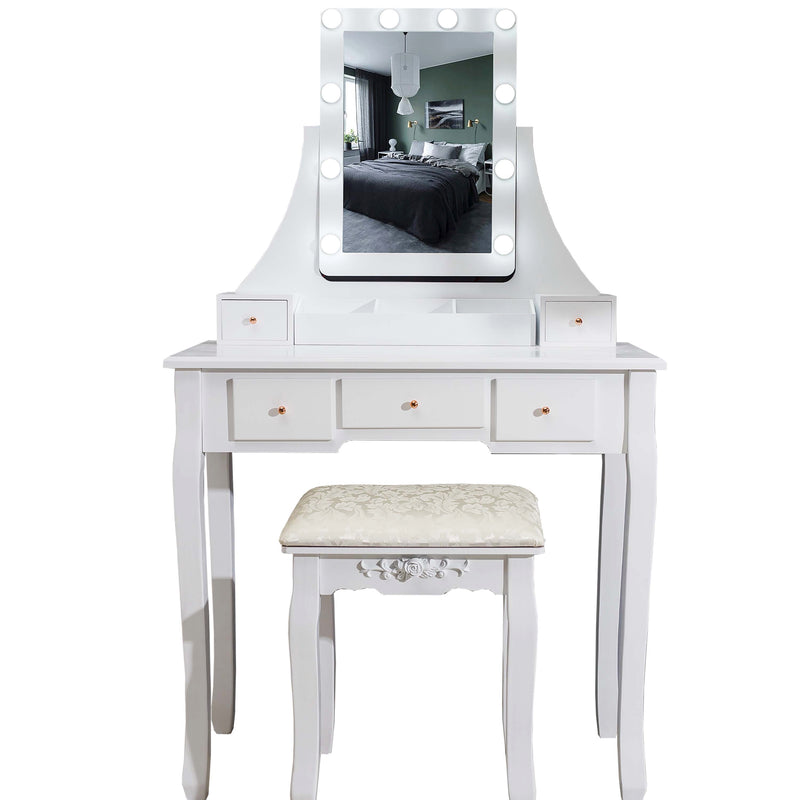 White Dressing Table LED lights Vanity Table With Mirror Stool Bedroom Furniture