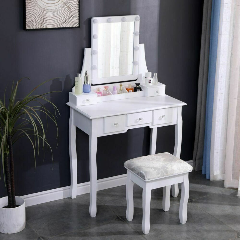 White Dressing Table LED lights Vanity Table With Mirror Stool Bedroom Furniture