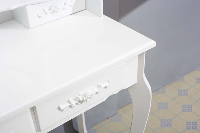White Luxury Dressing Table, Mirror & Stool Set (4 Drawer) Bedroom Makeup Desk vanity