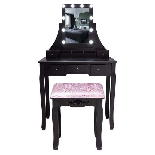 Black Modern Dressing Table Makeup Desk LED Lighted Mirror&Drawer,Stool Bedroom