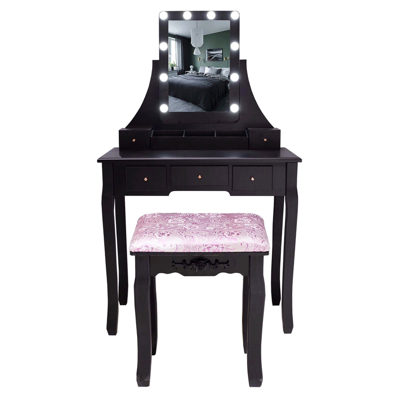 Black Modern Dressing Table Makeup Desk LED Lighted Mirror&Drawer,Stool Bedroom